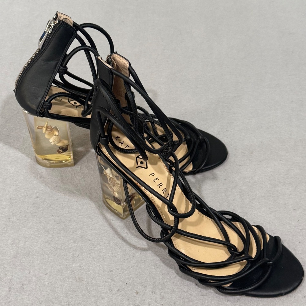 Katy Perry Strappy Sandals Women Size 11  Black Seashell Clear Block Heels